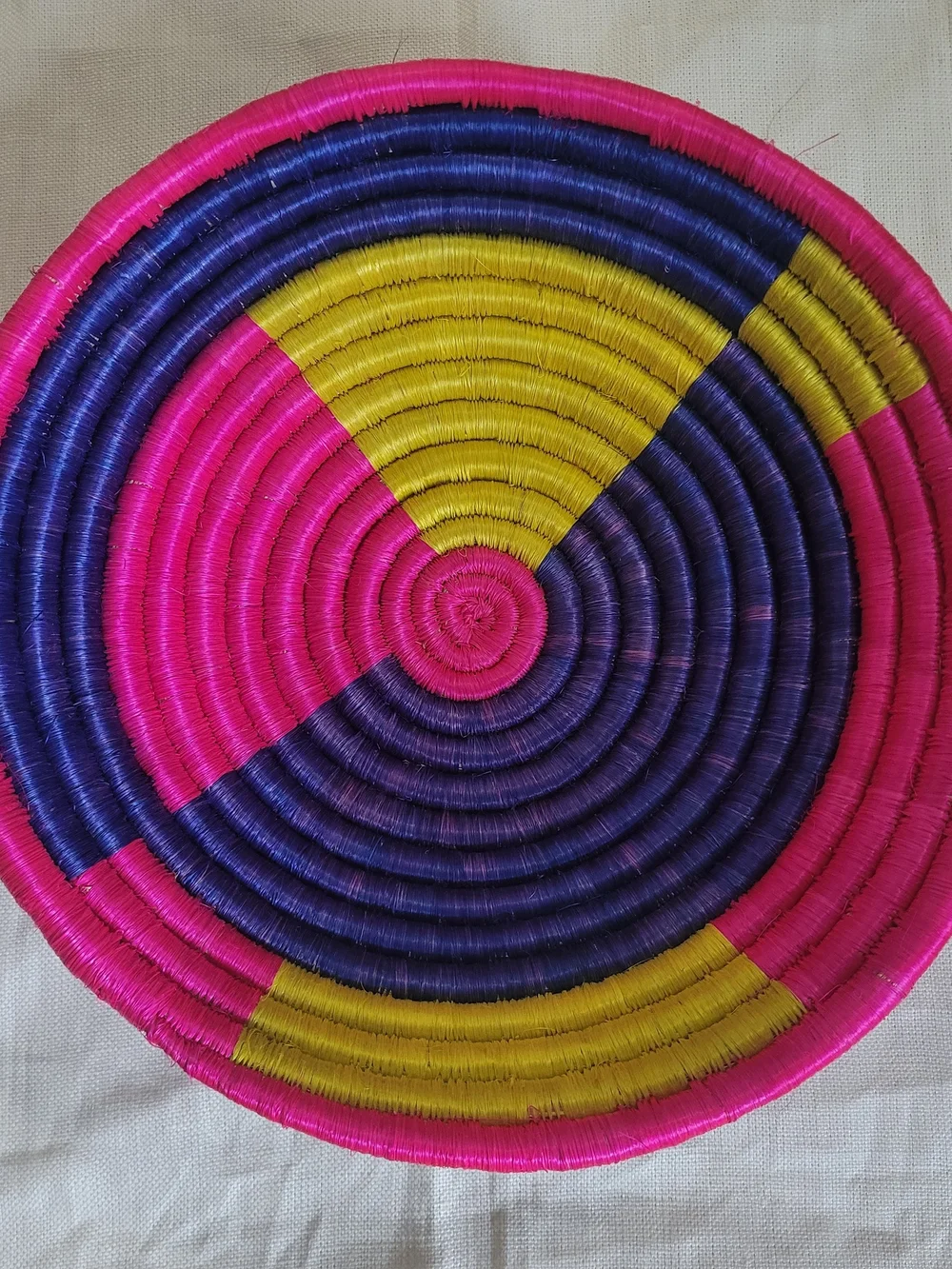 Handwoven Rwandan Colorful Coiled Basket - Fuchsia, Purple & Yellow